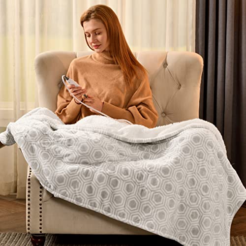 Bearhug Electric Blanket Throw Size, 50" x 60" Heated Blanket with 6 Heating Levels & 4H Auto Shut-Off, Machine Washable Soft Velvet to Sherpa Reversible Heated Throw for Office, Couch and Sofa - color: Snow Gray Honeycomb, size: Throw 50" × 60"