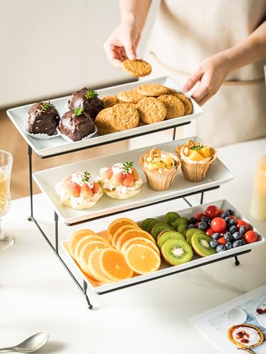 YHOSSEUN 3 Tier Serving Stand Tiered Tray Stand with 3 Porcelain Serving Platters Trays for Dessert Server Display Collapsible Sturdier Metal Rack 14 inch | Tiered Tray Stand with 3 Porcelain Serving Platters Trays for Dessert Server Display Collapsible S