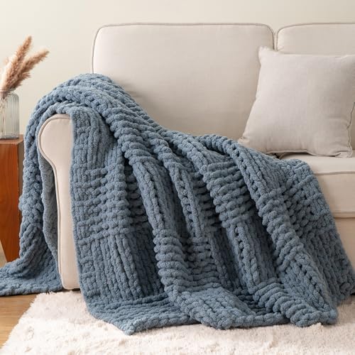Bunnikins & Clover Chunky Knit Blue Throw Blanket, 50"x60" | Handmade Chenille Cable Chunky Knit Throw for Couch, Blue Grey Throw Blanket for Home Decor - color: Bluish Grey