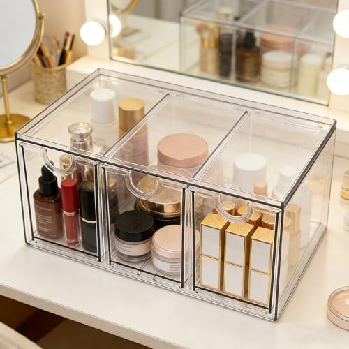 Prsildan Acrylic Makeup Organizer Stackable Storage Drawers with 3 Drawers for Office Desk Vanity Craft Room Clear Drawer Organizers for Hair Accessories Art Supplies Cosmetics Modular System - size: Stackable-3 Drawers