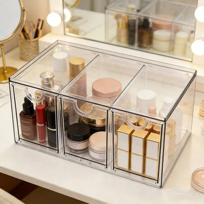 Prsildan Acrylic Makeup Organizer Stackable Storage Drawers with 3 Drawers for Office Desk Vanity Craft Room Clear Drawer Organizers for Hair Accessories Art Supplies Cosmetics Modular System - size: Stackable-3 Drawers