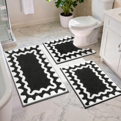 Findosom Bathroom Rugs Sets 3 Piece, Absorbent Soft Non-Slip Bath Rug Set | Washable Microfiber Shaggy Scalloped Bath Mat Set with Bathroom Runner Rug, U-Shaped Toilet Rugs, Shower Rug, Black - color: Black & White, size: 18"x26"+18"x48"+U 20"x24"