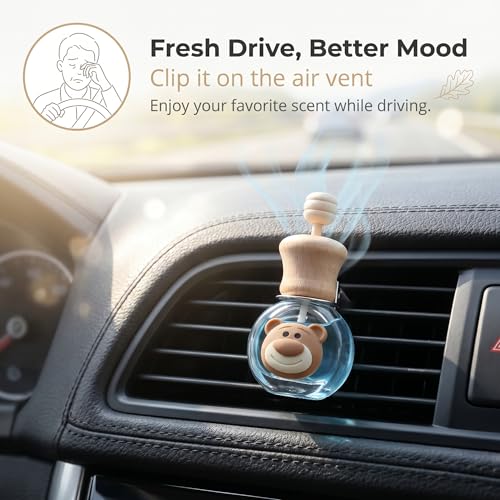 2 Pack Bear Refillable Car Vent Clip Diffuser Empty Glass Bottle | Wood lid aroma bottle with dropper, holds essential oils for car wardrobe home bathroom use - size: Bear-A1 - 2PCS