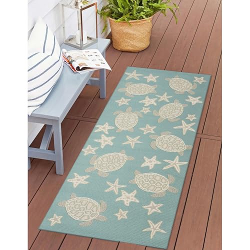 Liora Manne Esencia Machine Washable Non-Slip Low Profile Indoor/Outdoor Mat-Transitional, Coastal, Turtle, Whimsical, Turtle and Stars Aqua 1'11" x 4'11" - color: Turtle and Stars Aqua, size: 1'11" x 4'11" (Rectangular)