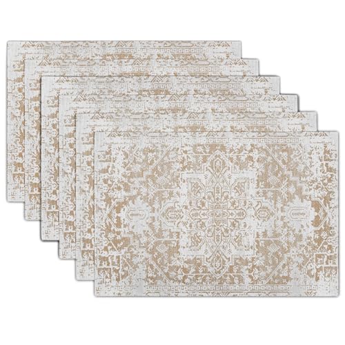 Gray Khaki Boho Placemats Set of 6 Ethnic Bohemian Carpet Place Mats Washable Kitchen Dining Vintage Grey Geography Floral Linen Table Mats Stain Heat-Resistant for Home Party Indoor 12x18 in - color: Khaki, size: 18x12 Inches set of 6