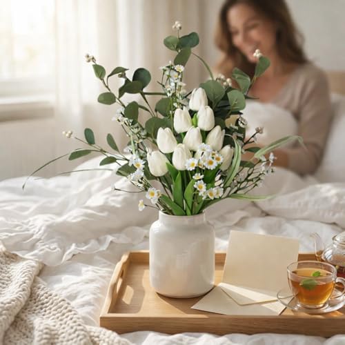 22 Stems White Faux Tulip Bouquet with Eucalyptus | Real touch petals, bendable stems, mixed daisies, farmhouse centerpiece, wedding and Mother's Day decor, no vase - color: Pure White