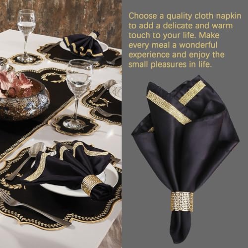 12 Pack Cloth Napkins and Gold Napkin Rings Set of 6, 17x17 Bling Trim Satin Cocktail Napkins Cloth Washable Personalized Dinner Napkins for Wedding Party Holiday Decorative | 17x17 Inch Personalized Black Napkins Set, Washable Fancy Dinner & Cocktail Nap