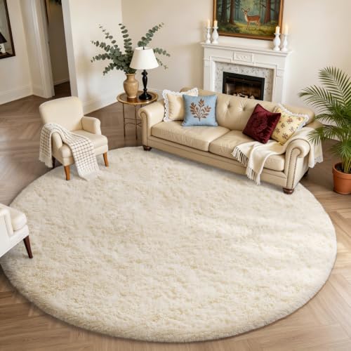 Ophanie Round Rugs 8Ft Ivory Circle Area Rug Washable, Large Living Room Aesthetic Decor, Fluffy Fuzzy Bedroom Big Carpet,Plush Soft Shaggy Cream for Kids Home Nursery with Over 99 pcs Pile fibers - color: 2- Ivory, size: 8' (Round)