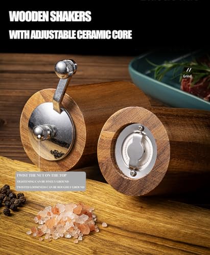 Acacia Wood Salt and Pepper Grinder Mills Sets,Wooden Shakers with Adjustable Ceramic Core,Classic Manual Salt Grinder Refillable Pepper Mill Set with a Gear Crank System for kitchen Spice