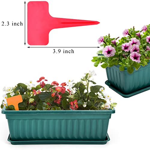 Fasmov 7 Pack 17 Inches Flower Window Box Plastic Vegetable Planters with Trays Vegetables Growing Container Garden Flower Plant Pot with 7 Pcs Plant Labels for Balcony, Patio, Garden, Green - color: 7pack, Green