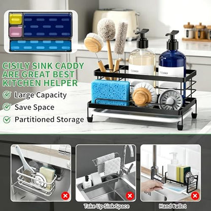 Cisily Sponge Holder for Kitchen, Sink Caddy Organizer, Kitchen Sink Accessories with Drip Tray, Rustproof and Non-slip Kitchen Sink Sponge Holder (Black) - color: Black