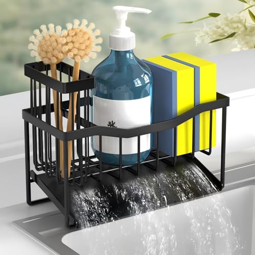 Fssvcd Maifan Sink Caddy Sponge Holder for Kitchen with Brush Holder and Stainless Steel Self Drain Tray, Rustproof Kitchen Sink Organizer for Sponge, Soap Dispenser Storage Accessories - color: Black