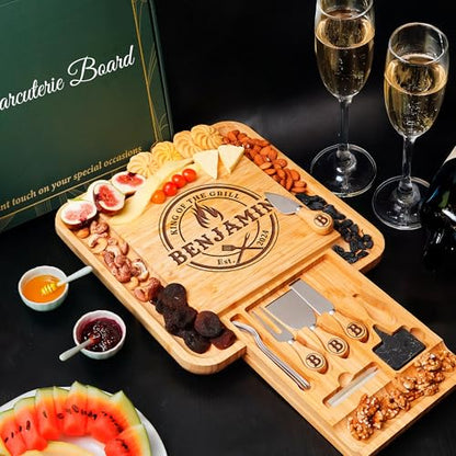 Personalized Charcuterie Board Gifts for Men – Custom Large Cheese Board with Knife & Utensil Set for Fathers Day, Anniversary, Birthday, Christmas Gift Idea for Dad, Papa, Grandpa, Parent