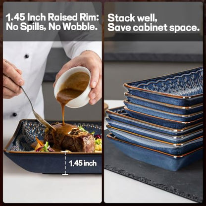 Appetizer Plates Set of 4, 8.25" Embossed Ceramic Rectangular Dessert Plates, Deep Lipped Edges, Microwave & Dishwasher Safe, Salad Sushi Snack Serving Plates (Blue, Wheat Leaf) - color: Blue (Wheat Leaf), size: 8.25 inch