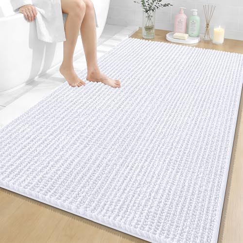 OLANLY Large Bathroom Rugs 59x35, Thick Soft Absorbent Chenille Bath Rugs | White, Quick-Drying Rubber Backing, Shaggy Bath Mat, Machine Washable for Floor, Tub and Shower, Home Decor Accessories - color: White, size: 59" x 35"