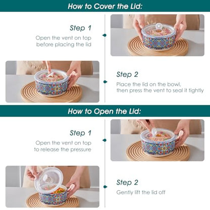 vancasso SIMI Serving Bowls with Lids, Ceramic Mixing Bowls Set of 4, Boho | Nesting Bowls for Food Storage, Prep, Stackable Bohemian Bowls, Dishwasher & Microwave Safe Gift Set, 60/36/20/10 OZ - size: 60/36/20/10 OZ (Set of 4)