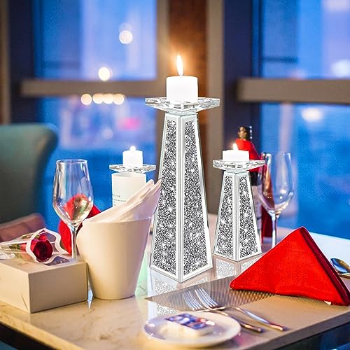 Wocred 2 Piece Candlestick Holders for Holding Pillar Candles, Crystal Crushed Diamond Candle Holders Set Decor for Dinning Room, Silver Glass Votive Candle Holders for Table Centerpiece(8”) - size: 8 Inch Diamond Silver