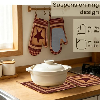 Red Plaid Western Star Oven Mitts and Pot Holders Sets Silicone Kitchen Mitts Potholders Heat Resistant 4Pcs Oven Gloves Hot Pads for Kitchen Baking Cooking - color: Red Plaid Western Star