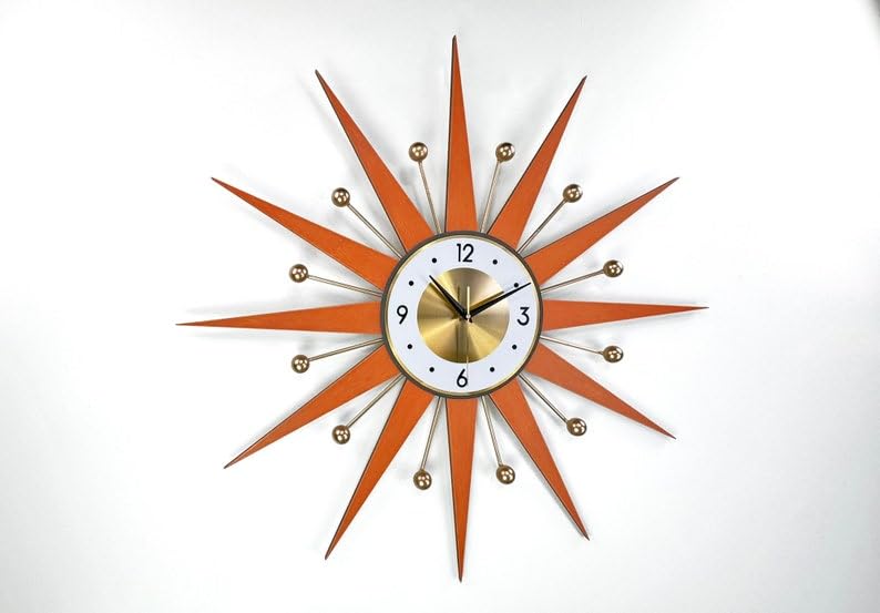 30" 27" 25" Burnt Orange Atomic Wall Clock Starburst Clock Brass Gold Large Clock Vintage Modern Industrial Clock (Brown,25in)