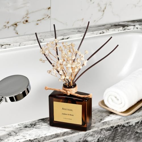 Reed Diffuser, Amber & Moss Essential Oil Diffuser with Dried Flowers, 3.4 oz Scented Oil Air Freshener, Handmade Home Decor, Long-Lasting Room Scent Fragrance for Office, Bathroom | 3.4oz(100ml) Scented Oil Air Freshener, Handmade Home Decor, Long-Lastin