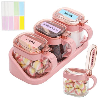 3 PCS Glass Coffee Sugar Container Set, 10oz Pink Spice Jars with Labels, Scoops and Tray, Seasoning Box Salt Containers Condiment Jar Set for Kitchen, Coffee Beans, Sugar, Tea, Candy