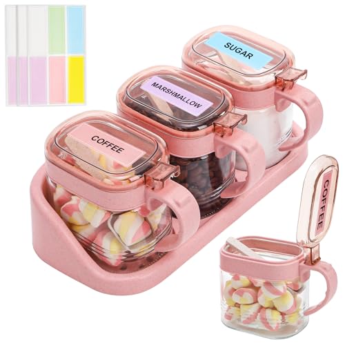 3 PCS Glass Coffee Sugar Container Set, 10oz Pink Spice Jars with Labels, Scoops and Tray, Seasoning Box Salt Containers Condiment Jar Set for Kitchen, Coffee Beans, Sugar, Tea, Candy