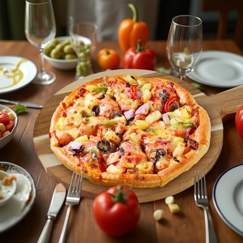 Acacia Round Cutting Boards, 12 Inch Wood Round Cutting Boards with Handle, Acacia Pizza Cutting Board for Bread, Meat