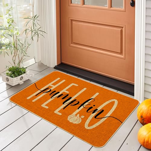 Hello Pumpkin Door Mat Welcome Decorative, Autumn Thanksiving Pumpkin Farmhouse Outdoor Indoor Patio Entrance Door Mats Low Profile Non Slip Outside Inside Floor Mat Rugs for Home Decor 29x 17Inch - color: Orange