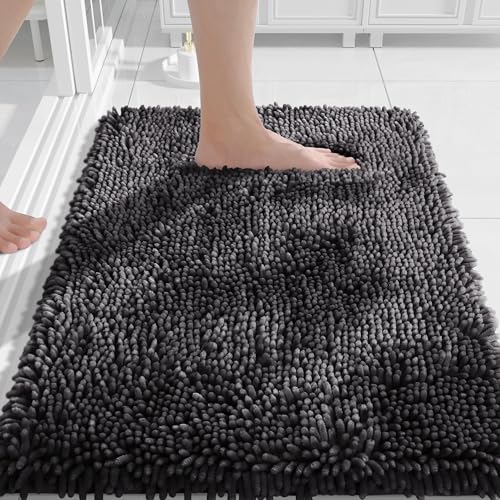 Yimobra Chenille Bathroom Rugs Non Slip, Extra Thick Soft Absorbent Bath Rug, Machine Washable Quick Dry Bath Mat for Bathroom Floor, Tub and Shower, Home Decor Accessories, 24x17, Dark Grey - color: Dark Grey, size: 24" X 17"