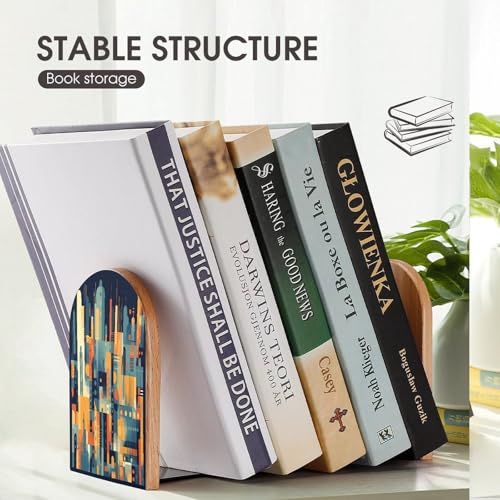 Geometric Shapes Pattern Bookends 1 Pair Heavy Duty Book Ends for Shelves Non-Skid Bookend Supports Wooden Book Holders with Metal Base Desk Organizers Books Storage to Hold Books