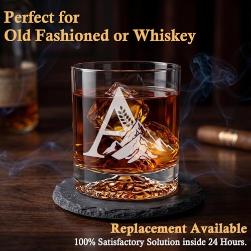 Personalized Whiskey Glass Gift Set for Men – Monogrammed Initial Rocks Glass with Slate Coaster, Wooden Box & Whiskey Stones, Birthday Father's Day for Him Dad Husband - style: A