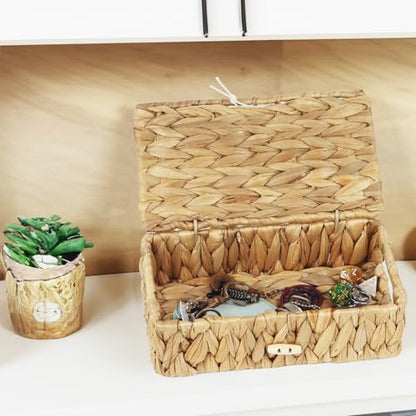 Water Hyacinth Wicker Storage Basket with Lid, X-Small | 9 x 5.1 x 3 Inch Box, Shelf Organizer, Rectangular Woven Bin, Small Item Storage, Natural Home Decor - size: X-Small