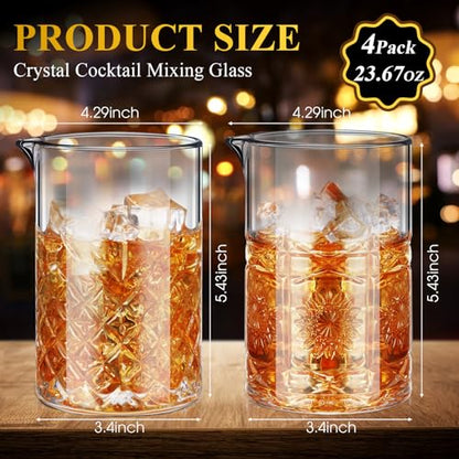 Inbagi 4 Pcs Cocktail Mixing Glass 23.67 oz Cocktail Shakers Stirring Glass Thick Bottom Crystal Glasses Stable Mixing Cups for Drinks Bartender Home Bar Accessories Tools