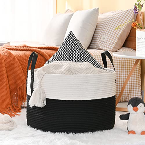 KAKAMAY Large Blanket Basket (20"x13"),Woven Baskets for storage Baby Laundry Hamper, Cotton Rope Blanket Basket for Living Room, Laundry, Nursery, Pillows, Baby Toy chest (White/Black) | Extra Large Capacity | Natural Cotton Rope | Blanket Storage | Wove