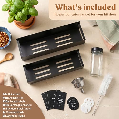 Square Glass Spice Jars (24 x 4oz) with Black Lids + Magnetic Spice Rack for Refrigerator (Fits 12 Jars) + Bonus Slim Auxiliary Rack, 240 Labels, Shaker Inserts, Funnel - color: Black Stainless Steel Lid + Magnetic Rack