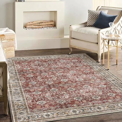 CHAMPLANT Washable Area Rug 4'x6' Traditional Floor Cover Foldable Thin Rugs Retro Kitchen Indoor Distressed Non Slip Carpet Floral Print Mat Bedroom Living Room - color: Dark Red Flowers, size: 4' x 6' (Rectangular)