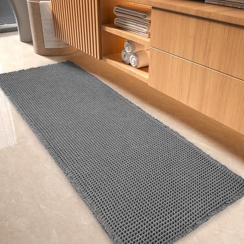 tchdio Waffle Bath Mat-Runner Rug, Super Absorbent Non Slip Bath Mats for Bathroom Machine Washable Long Rugs with Tassels, Bath Rugs for Bathroom Floor Beside Tub, 2' x 4'(24" x 48") - color: Dark Grey, size: 24" x 48"