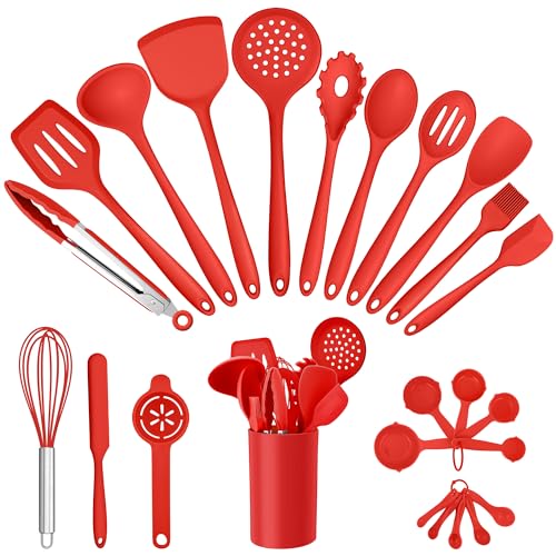 E-far Silicone Cooking Utensils Set, 25 Piece Kitchen Utensils with Holder, Non Toxic Kitchen Tools Spatula, Turner, Spoon, Ladle for Nonstick Cookware, Heat Resistant & Dishwasher Safe - Red - color: Red