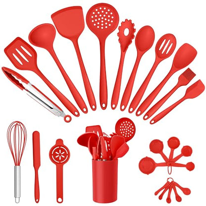 E-far Silicone Cooking Utensils Set, 25 Piece Kitchen Utensils with Holder, Non Toxic Kitchen Tools Spatula, Turner, Spoon, Ladle for Nonstick Cookware, Heat Resistant & Dishwasher Safe - Red - color: Red