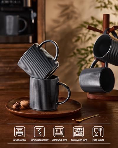 famiware Coffee Mug Set of 4, Star 16 oz Large Mugs Cup Set with Handle | Ceramic Mug for Coffee, Latte, Tea, Stackable Drinkware Set, Microwave & Dishwasher Safe, Matte Dark Charcoal - color: Matte Dark Charcoal, size: 4 Count (Pack of 1)
