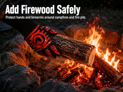 BBQ Grill Gloves, 1472°F Heat Resistant, Long Cuff, XL Non-Slip | Designed for campfire cooking, fire pits, smokers and grilling with silicone grip, EN407 certified protection. - color: Red and Black Bbq Gloves