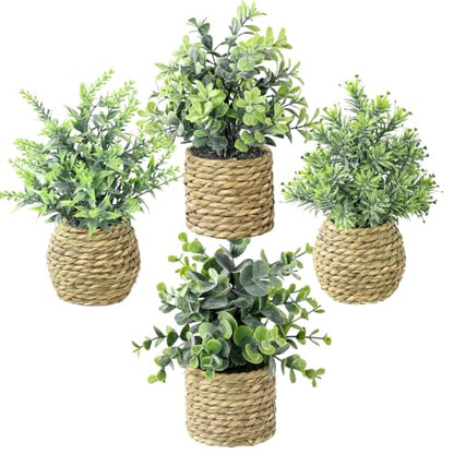 Small Fake Plants, 4 Pack Artificial Plants in Handwoven Seagrass Baskets | Natural Woven Texture, 4 Unique Plant Designs, Shelf, Desk & Table Decor, Realistic Faux Greenery, Farmhouse & Boho Decor