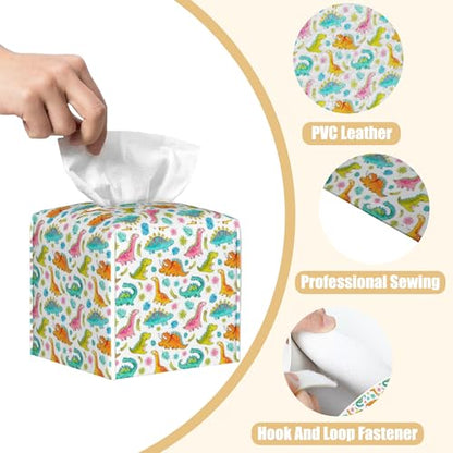 Leather Tissue Box Holder Cartoon Dinosaurs Tissue Box Cover Facial Paper Case Organizer Cube Napkin Dispenser for Bathroom Vanity Countertop Night Stand Office Car - color: Cartoon Dinosaurs