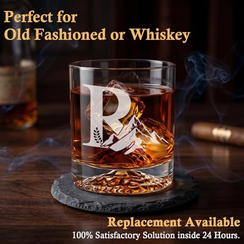 Personalized Whiskey Glass Gift Set for Men – Monogrammed Initial Rocks Glass with Slate Coaster, Wooden Box & Whiskey Stones, Birthday Father's Day for Him Dad Husband (R) - style: R