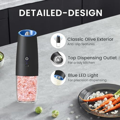 Rechargeable Gravity Salt Pepper Grinder Set, 2 Pack (Black) | Gravity Rechargeable Grinder With Led Light & Adjustable Coarseness, No Extra Batteries Needed For Kitchen Seasoning - color: Rechargeable/2pcs/Black