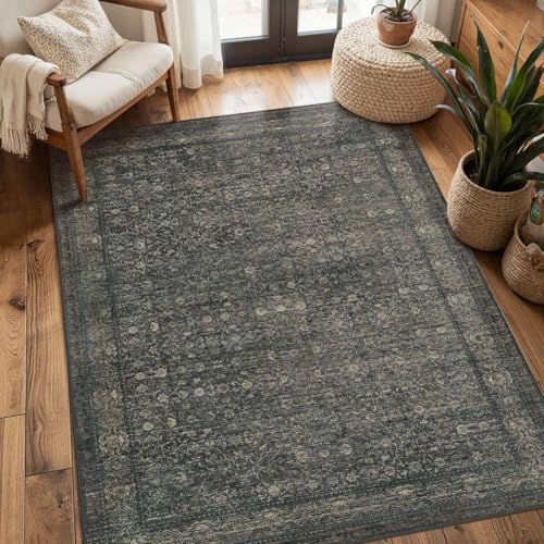 3x5 Entryway Rug,Moss Green Vintage Boho Bedroom Area Rug | Machine Washable, Non-Slip, Stain Resistant Low Pile Vintage Carpet with Rubber Backing for Dining Room Kitchen Home Decor - color: Moss/Brown, size: 3' x 5' (Rectangular)
