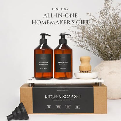 FINESSY 500ml Bathroom and Kitchen Soap Dispenser Set with Tray and Brush | BPA Free PET Plastic Amber Soap Dispensers, Not Breakable Glass. Marble-Look Tray, 18 Waterproof Labels, Pumps, Funnel, Brush - color: Luxe Amber
