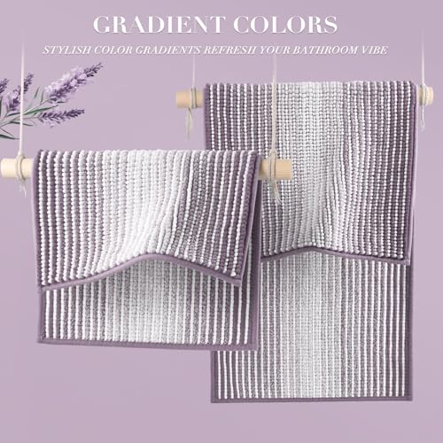 Bathroom Rugs Sets 3 Piece, Toilet Rugs U-Shaped Contour Bath Mat Set, Striped Absorbent Non Slip Chenille Shower Mat, Lavender Purple - color: Lavender Purple, size: 20"x32"+16"x24"+U Shape 20"x24"