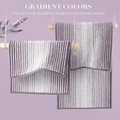 Bathroom Rugs Sets 3 Piece, Toilet Rugs U-Shaped Contour Bath Mat Set, Striped Absorbent Non Slip Chenille Shower Mat, Lavender Purple - color: Lavender Purple, size: 20"x32"+16"x24"+U Shape 20"x24"