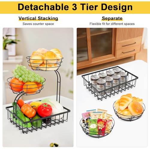 3 Tier Countertop Fruit Vegetable Basket Bowl Storage, Solid Metal Kitchen Counter Organizer for Storing Fruits, Veggies, Bread, Snacks (Black)